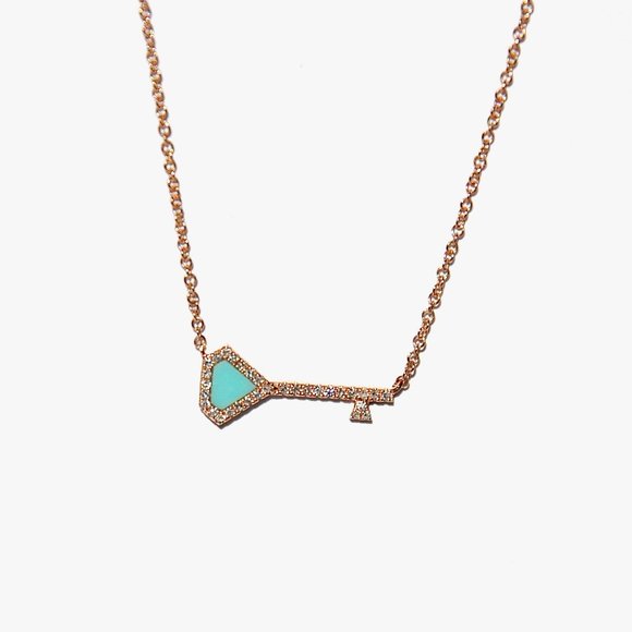 14k Pave Diamond Turquoise Diamond Key Pendant/Necklace - Picture 6 of 6